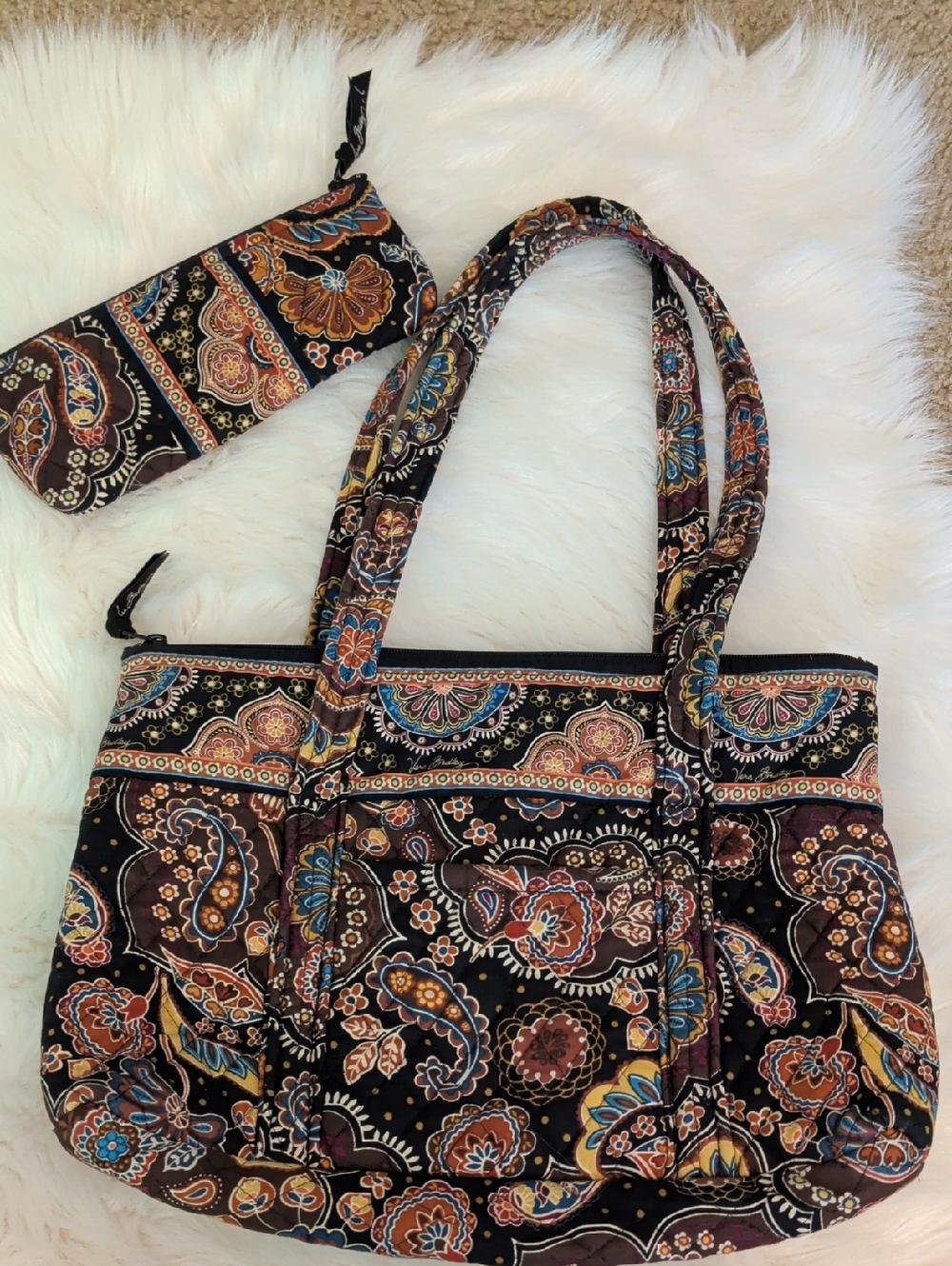 Vera Bradley Kensington Print Paisley Tote Bag and Penicl Pouch  Black and Brown